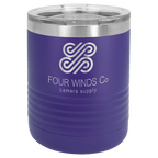 Purple powder-coated 10 oz. ringneck tumbler with a stainless steel band and clear slider lid, shown with a sample engraving