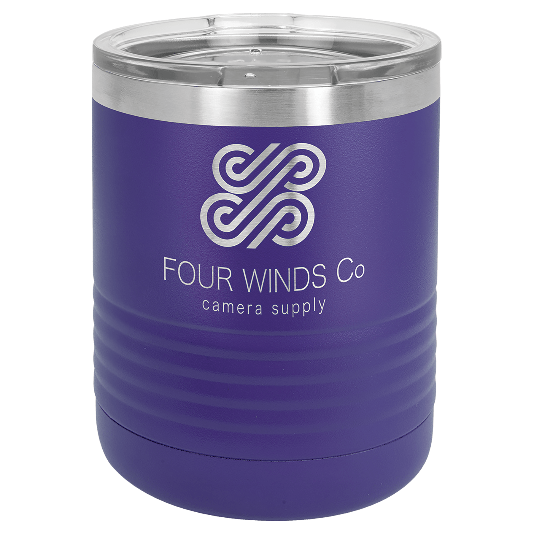 Purple powder-coated 10 oz. ringneck tumbler with a stainless steel band and clear slider lid, shown with a sample engraving