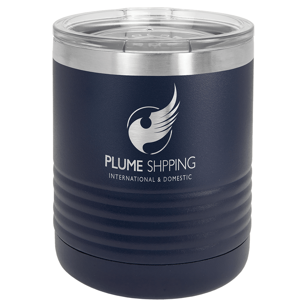 Navy blue powder-coated 10 oz. ringneck tumbler with a stainless steel band and clear slider lid, shown with a sample logo engraving