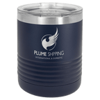 Navy blue powder-coated 10 oz. ringneck tumbler with a stainless steel band and clear slider lid, shown with a sample logo engraving