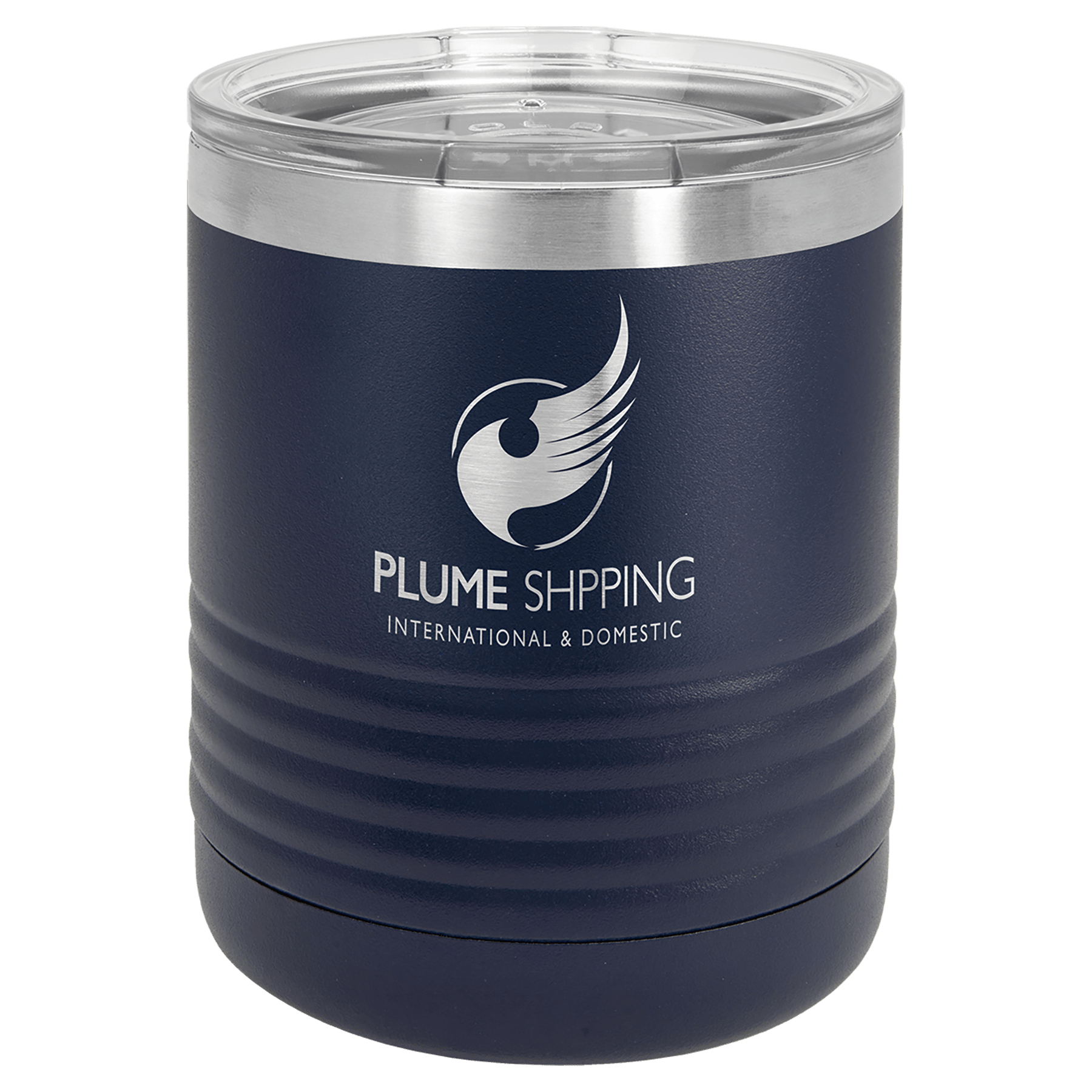 Navy blue powder-coated 10 oz. ringneck tumbler with a stainless steel band and clear slider lid, shown with a sample logo engraving