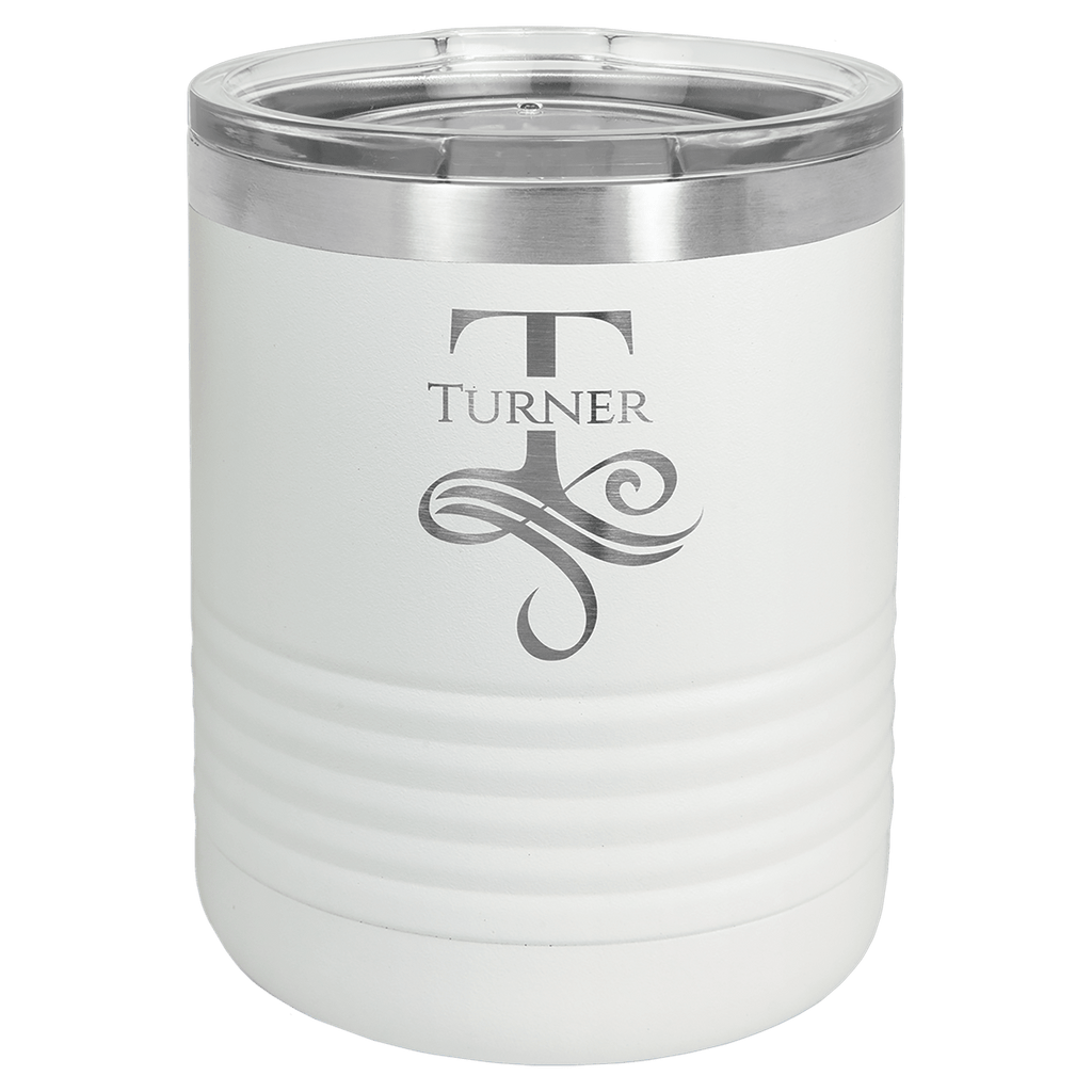 White powder-coated 10 oz. ringneck tumbler with a stainless steel band and clear slider lid, shown with a sample monogram engraving