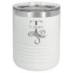 White powder-coated 10 oz. ringneck tumbler with a stainless steel band and clear slider lid, shown with a sample monogram engraving