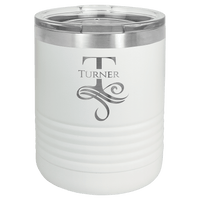 White powder-coated 10 oz. ringneck tumbler with a stainless steel band and clear slider lid, shown with a sample monogram engraving