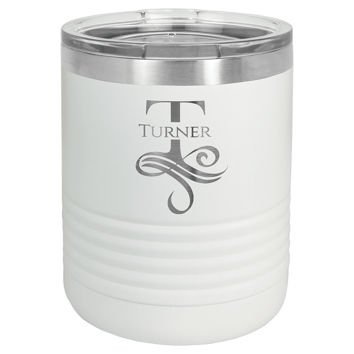 White powder-coated 10 oz. ringneck tumbler with a stainless steel band and clear slider lid, shown with a sample monogram engraving