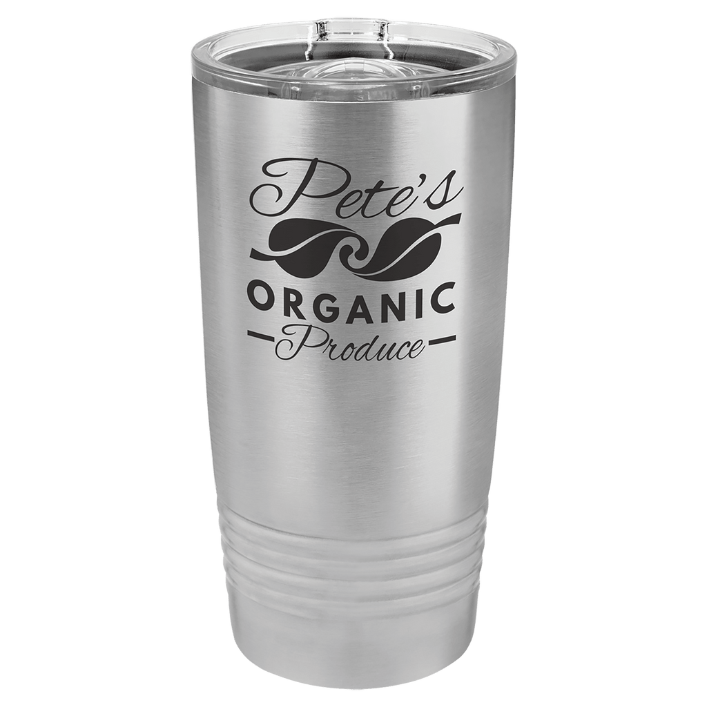 Brushed stainless steel 20 oz. ringneck tumbler with a clear slider lid, shown with a sample engraving