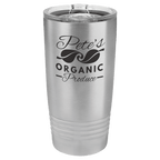 Brushed stainless steel 20 oz. ringneck tumbler with a clear slider lid, shown with a sample engraving