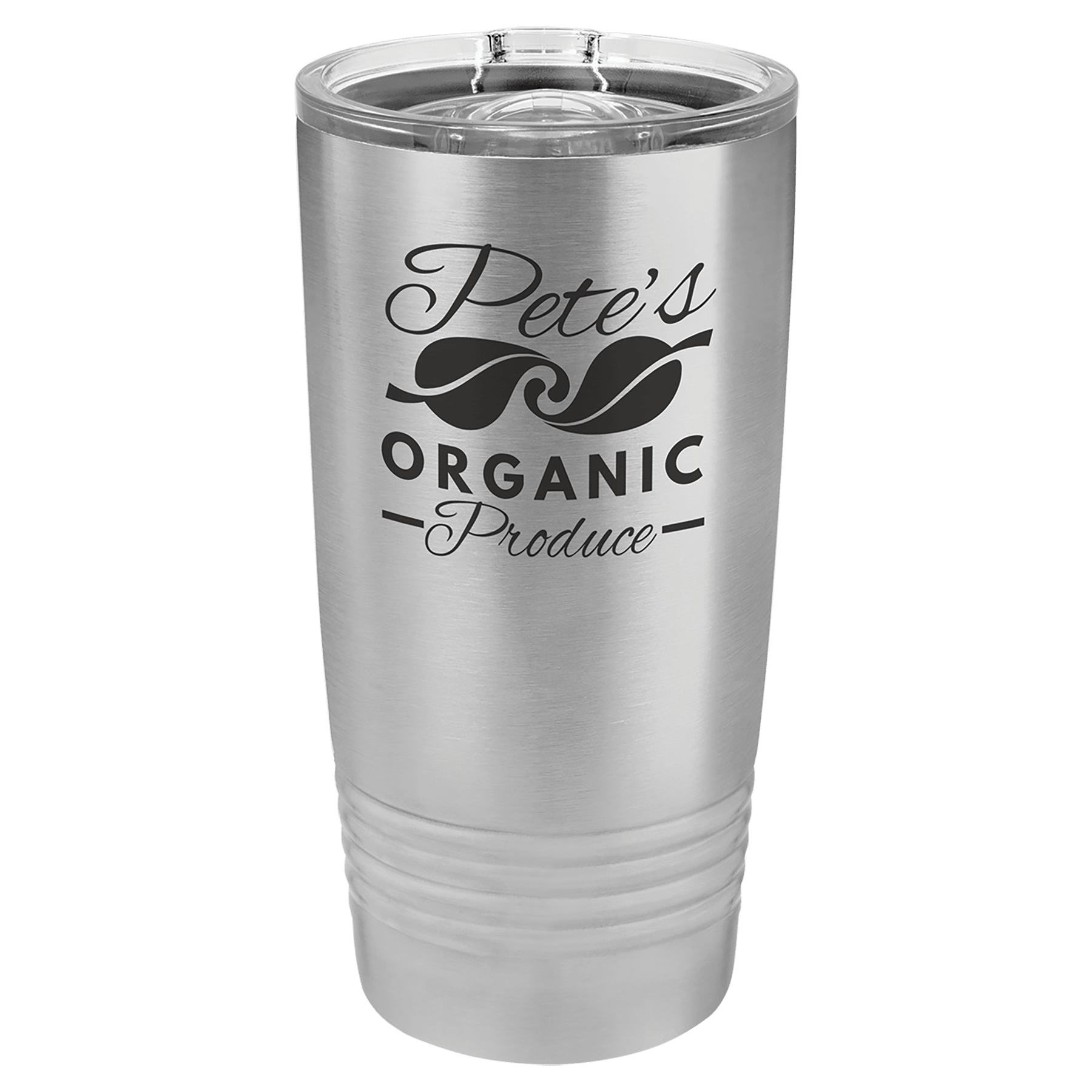 Brushed stainless steel 20 oz. ringneck tumbler with a clear slider lid, shown with a sample engraving