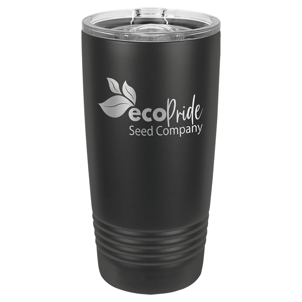 All-black 20 oz. ringneck tumbler with a blacked-out band and clear slider lid, shown with a sample engraving