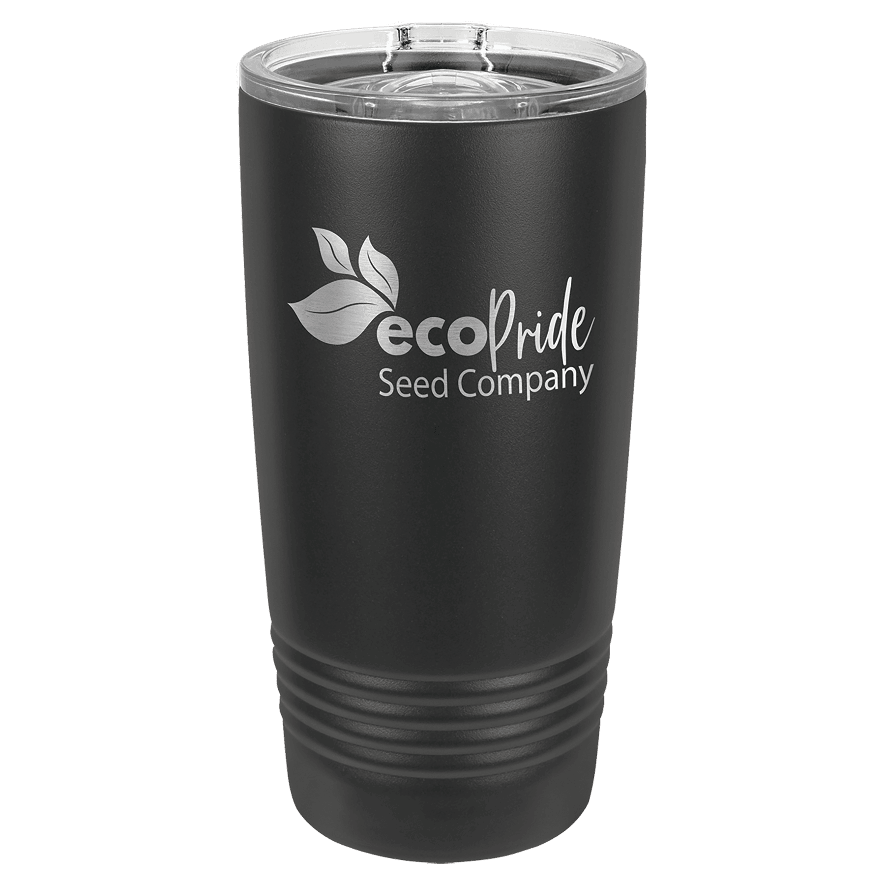 All-black 20 oz. ringneck tumbler with a blacked-out band and clear slider lid, shown with a sample engraving
