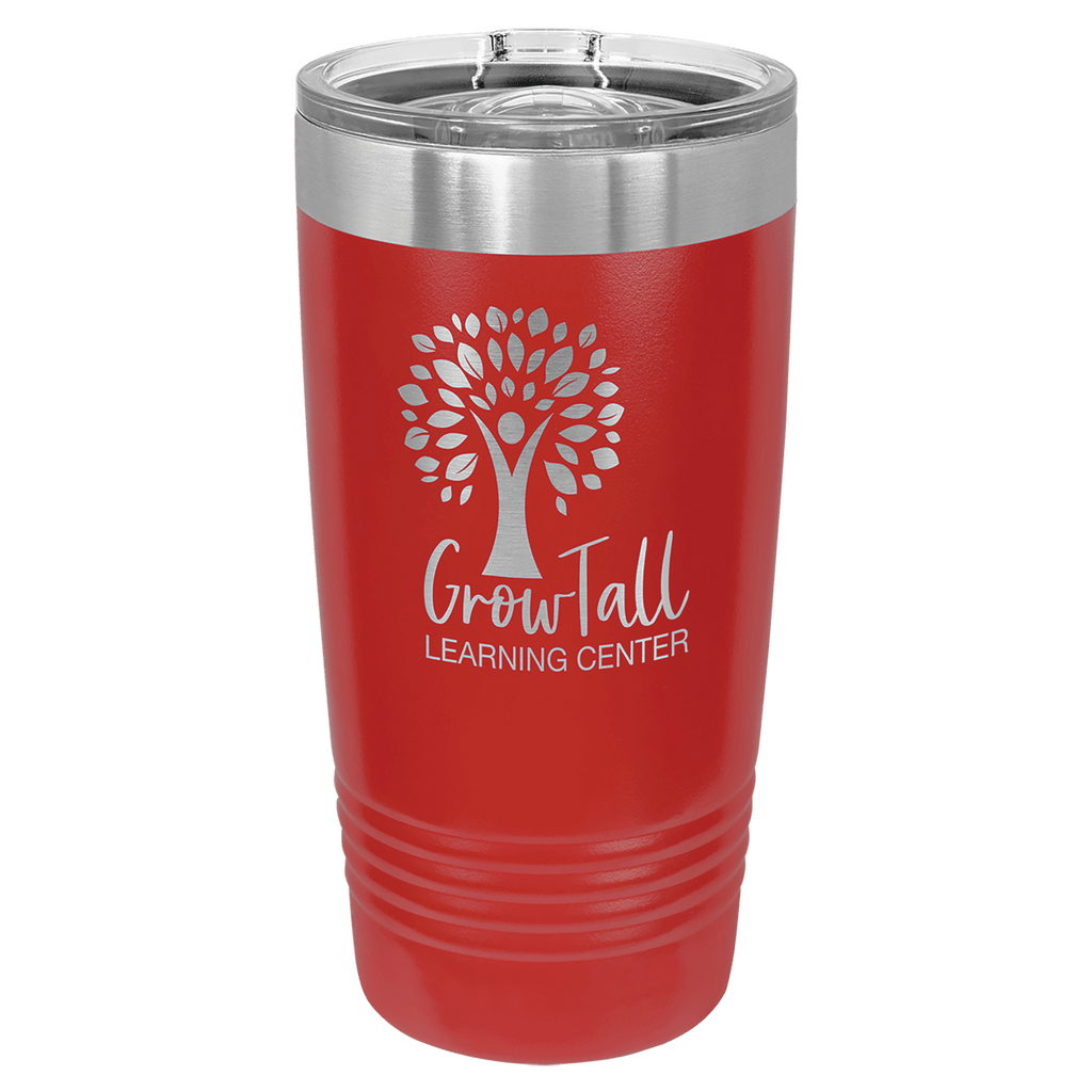 Red powder-coated 20 oz. ringneck tumbler with a stainless steel band and clear slider lid, shown with a sample engraving