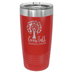 Red powder-coated 20 oz. ringneck tumbler with a stainless steel band and clear slider lid, shown with a sample engraving