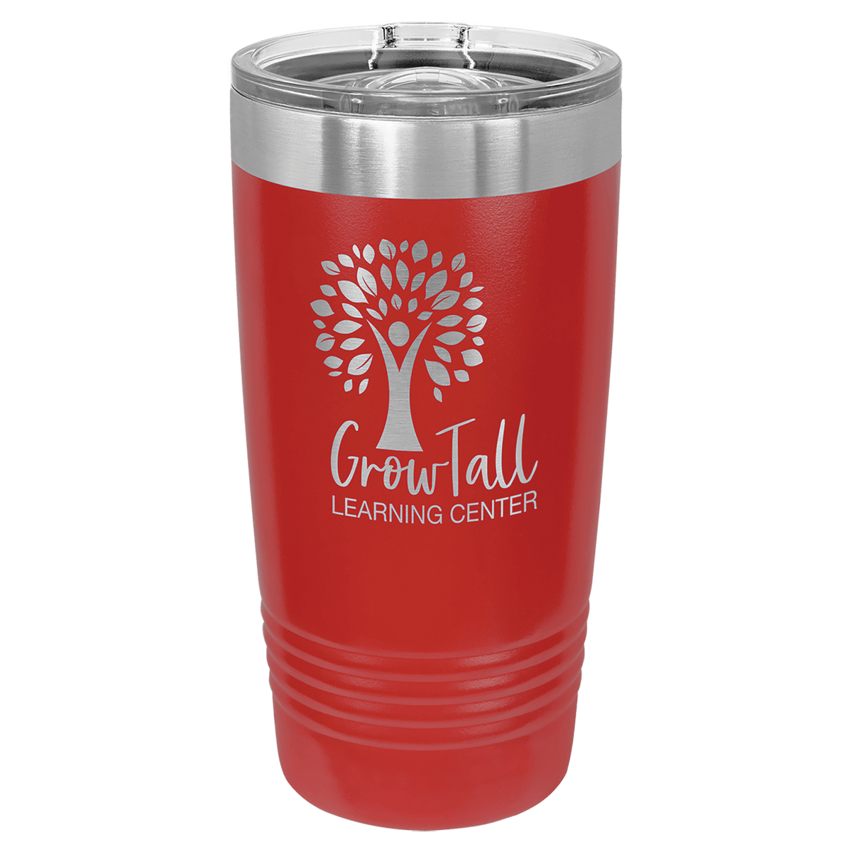 Red powder-coated 20 oz. ringneck tumbler with a stainless steel band and clear slider lid, shown with a sample engraving