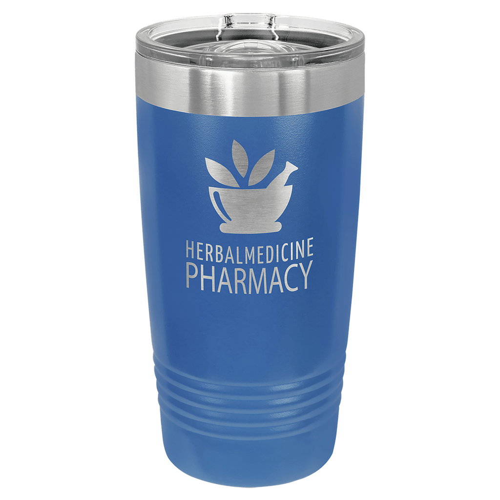 Royal blue powder-coated 20 oz. ringneck tumbler with a stainless steel band and clear slider lid, shown with a sample engraving