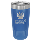 Royal blue powder-coated 20 oz. ringneck tumbler with a stainless steel band and clear slider lid, shown with a sample engraving