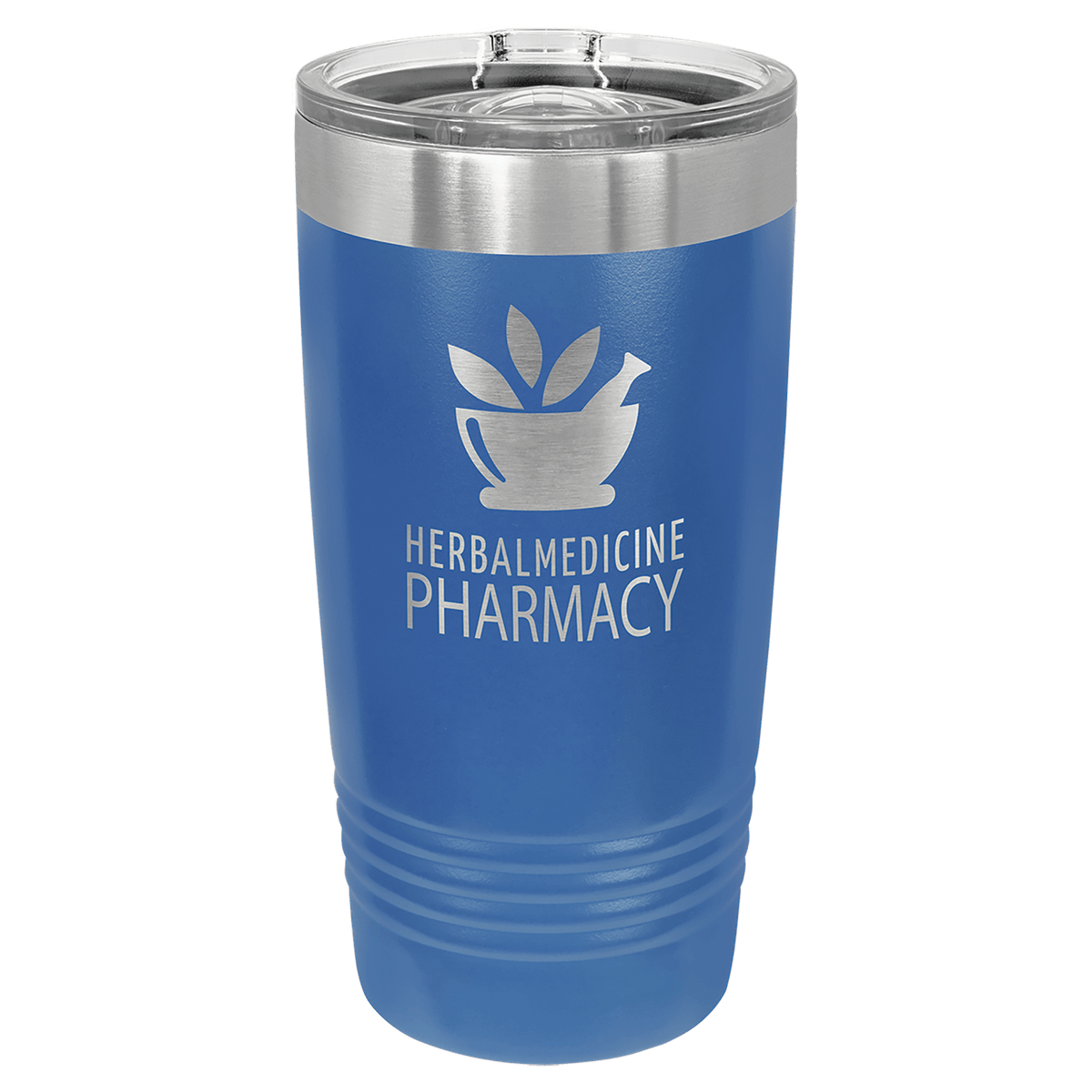 Royal blue powder-coated 20 oz. ringneck tumbler with a stainless steel band and clear slider lid, shown with a sample engraving