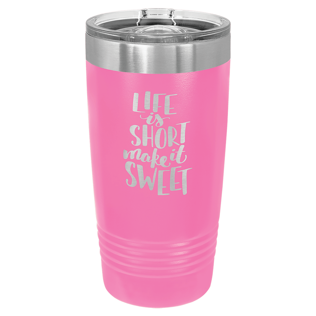 Pink powder-coated 20 oz. ringneck tumbler with a stainless steel band and clear slider lid, shown with a sample engraving