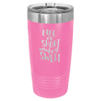 Pink powder-coated 20 oz. ringneck tumbler with a stainless steel band and clear slider lid, shown with a sample engraving