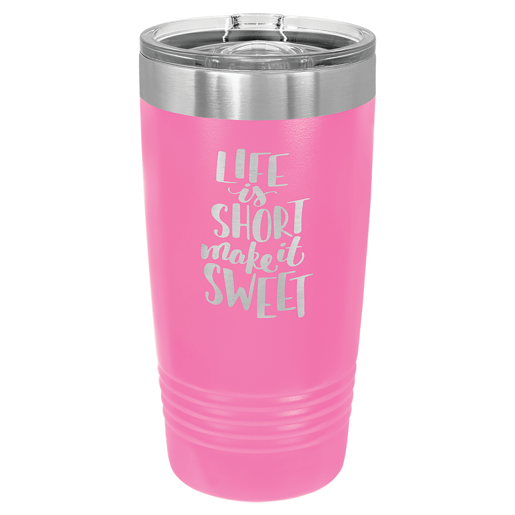 Pink powder-coated 20 oz. ringneck tumbler with a stainless steel band and clear slider lid, shown with a sample engraving