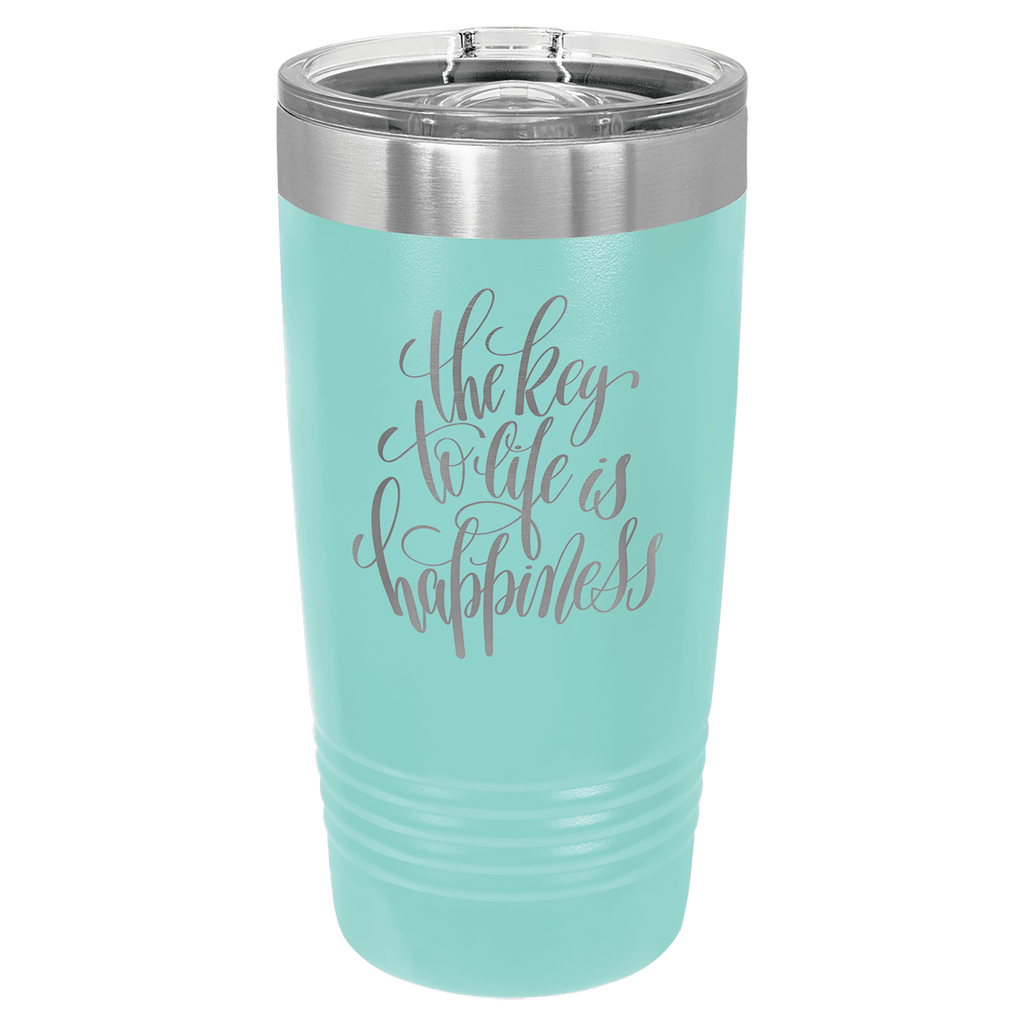 Teal powder-coated 20 oz. ringneck tumbler with a stainless steel band and clear slider lid, shown with a sample engraving