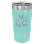 Teal powder-coated 20 oz. ringneck tumbler with a stainless steel band and clear slider lid, shown with a sample engraving