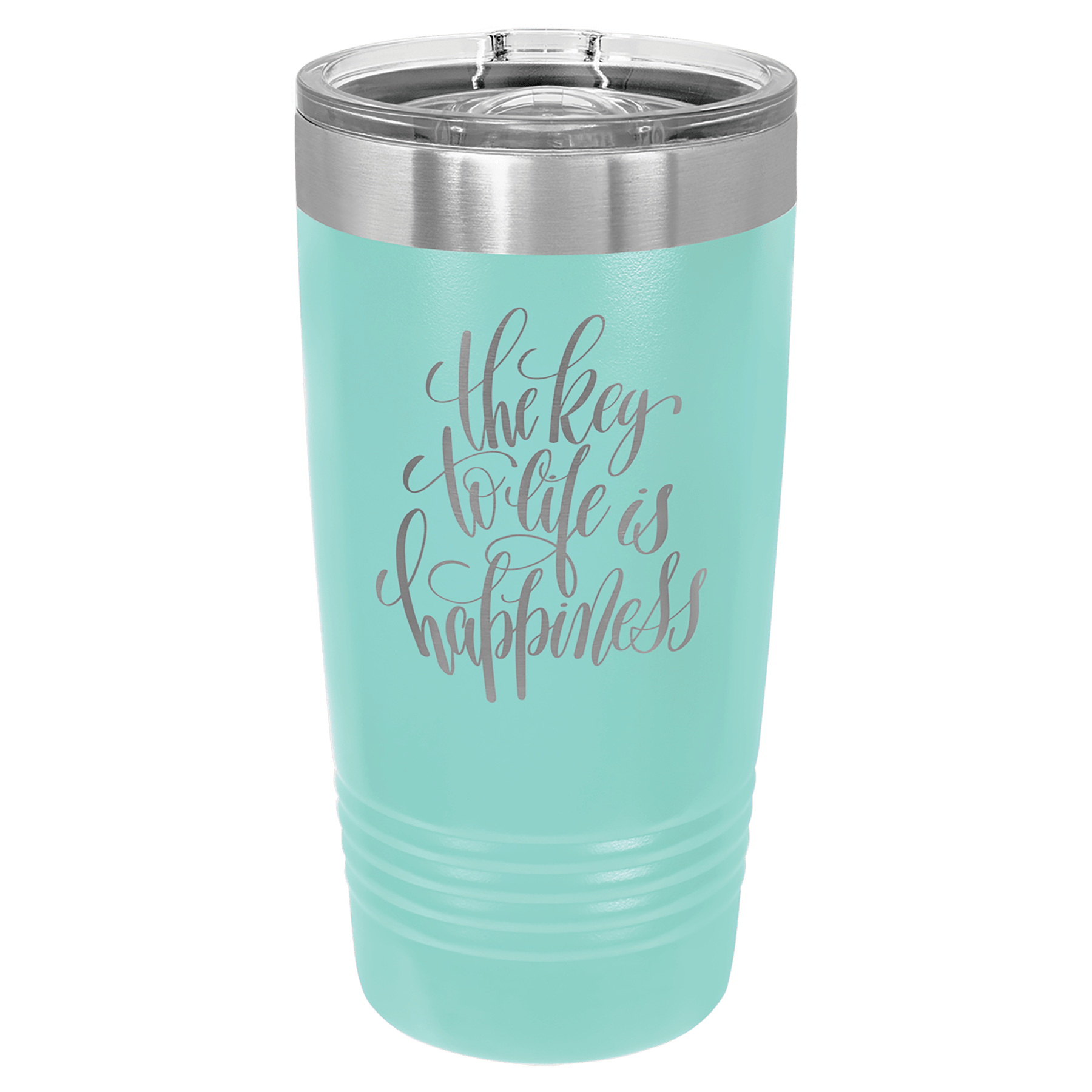 Teal powder-coated 20 oz. ringneck tumbler with a stainless steel band and clear slider lid, shown with a sample engraving
