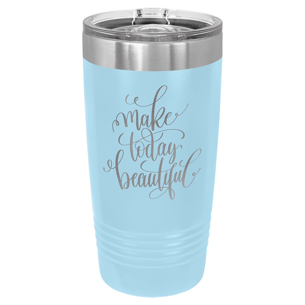 Light blue powder-coated 20 oz. ringneck tumbler with a stainless steel band and clear slider lid, shown with a sample engraving