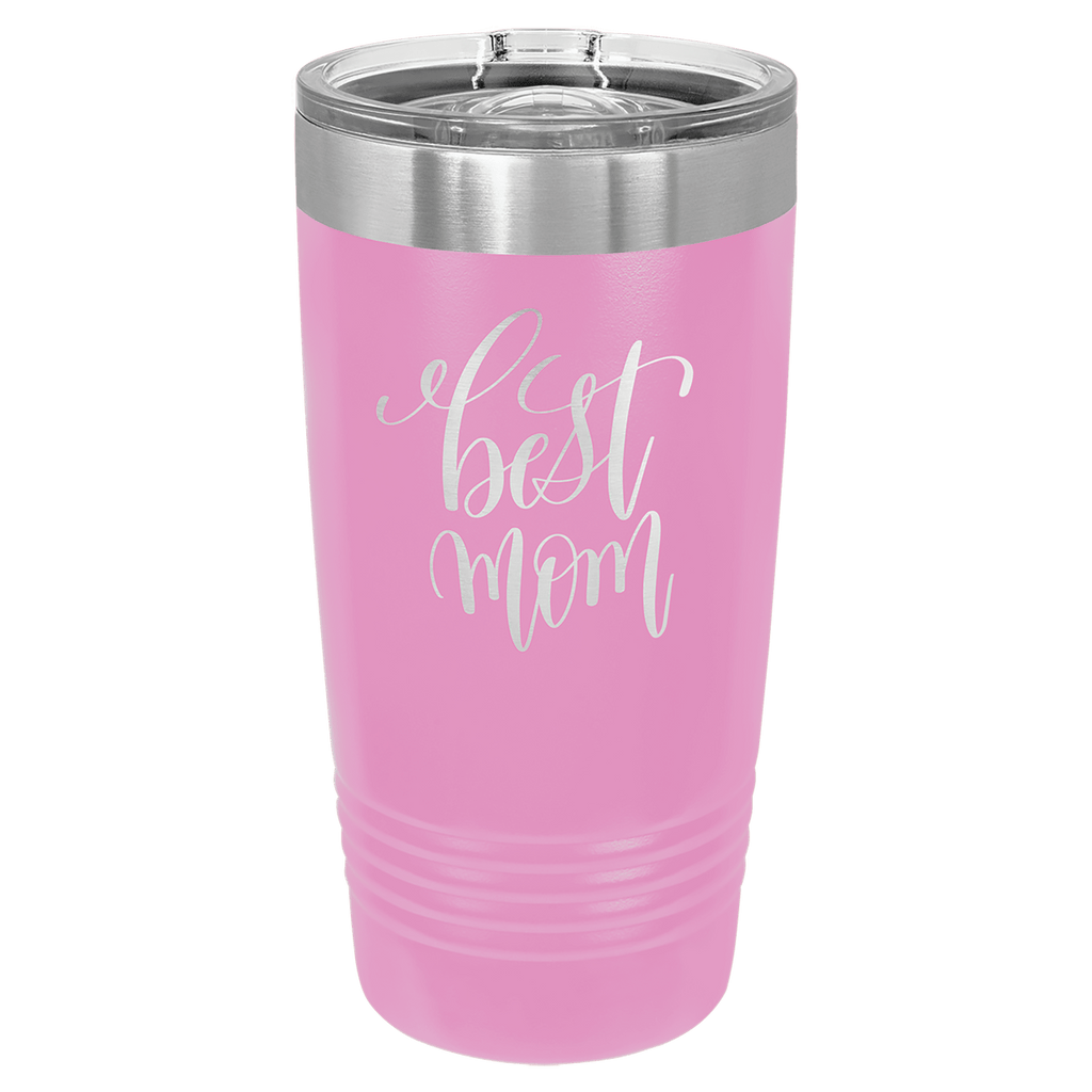 Light purple powder-coated 20 oz. ringneck tumbler with a stainless steel band and clear slider lid, shown with a sample engraving
