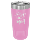 Light purple powder-coated 20 oz. ringneck tumbler with a stainless steel band and clear slider lid, shown with a sample engraving