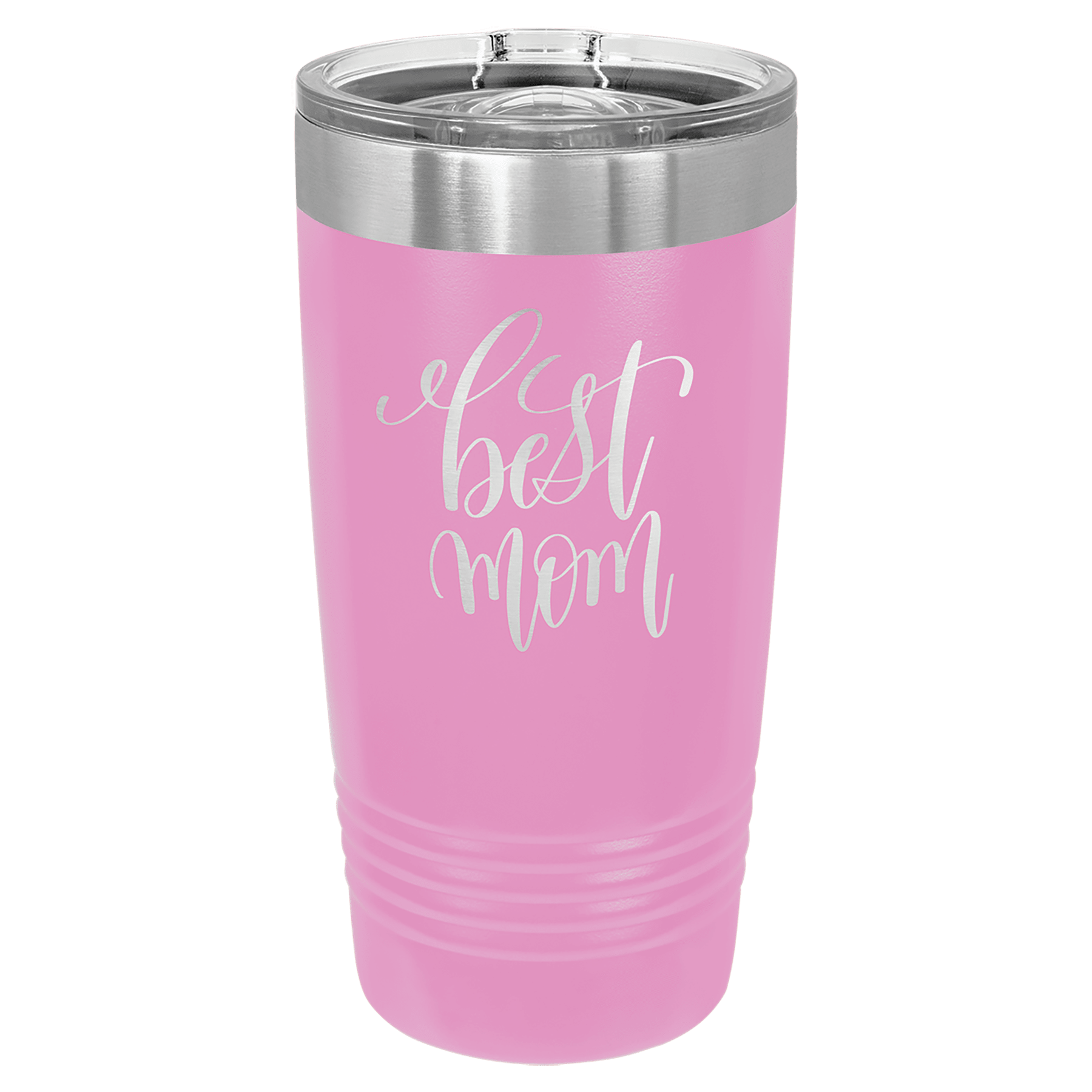 Light purple powder-coated 20 oz. ringneck tumbler with a stainless steel band and clear slider lid, shown with a sample engraving