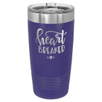 Purple powder-coated 20 oz. ringneck tumbler with a stainless steel band and clear slider lid, shown with a sample engraving