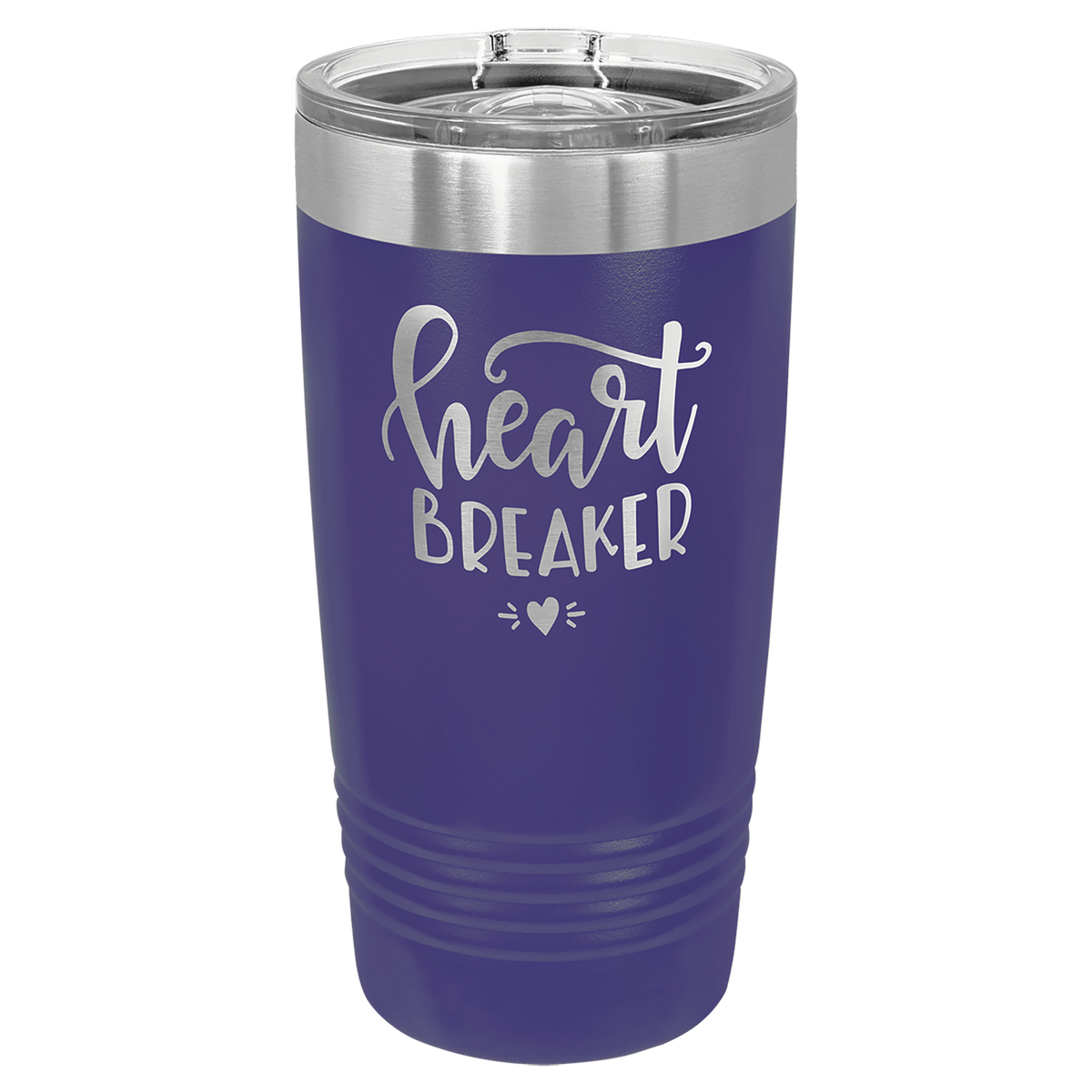Purple powder-coated 20 oz. ringneck tumbler with a stainless steel band and clear slider lid, shown with a sample engraving