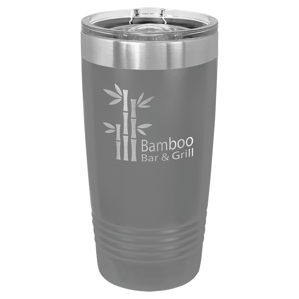 Dark gray powder-coated 20 oz. ringneck tumbler with a stainless steel band and clear slider lid, shown with a sample engraving