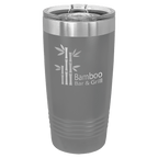 Dark gray powder-coated 20 oz. ringneck tumbler with a stainless steel band and clear slider lid, shown with a sample engraving