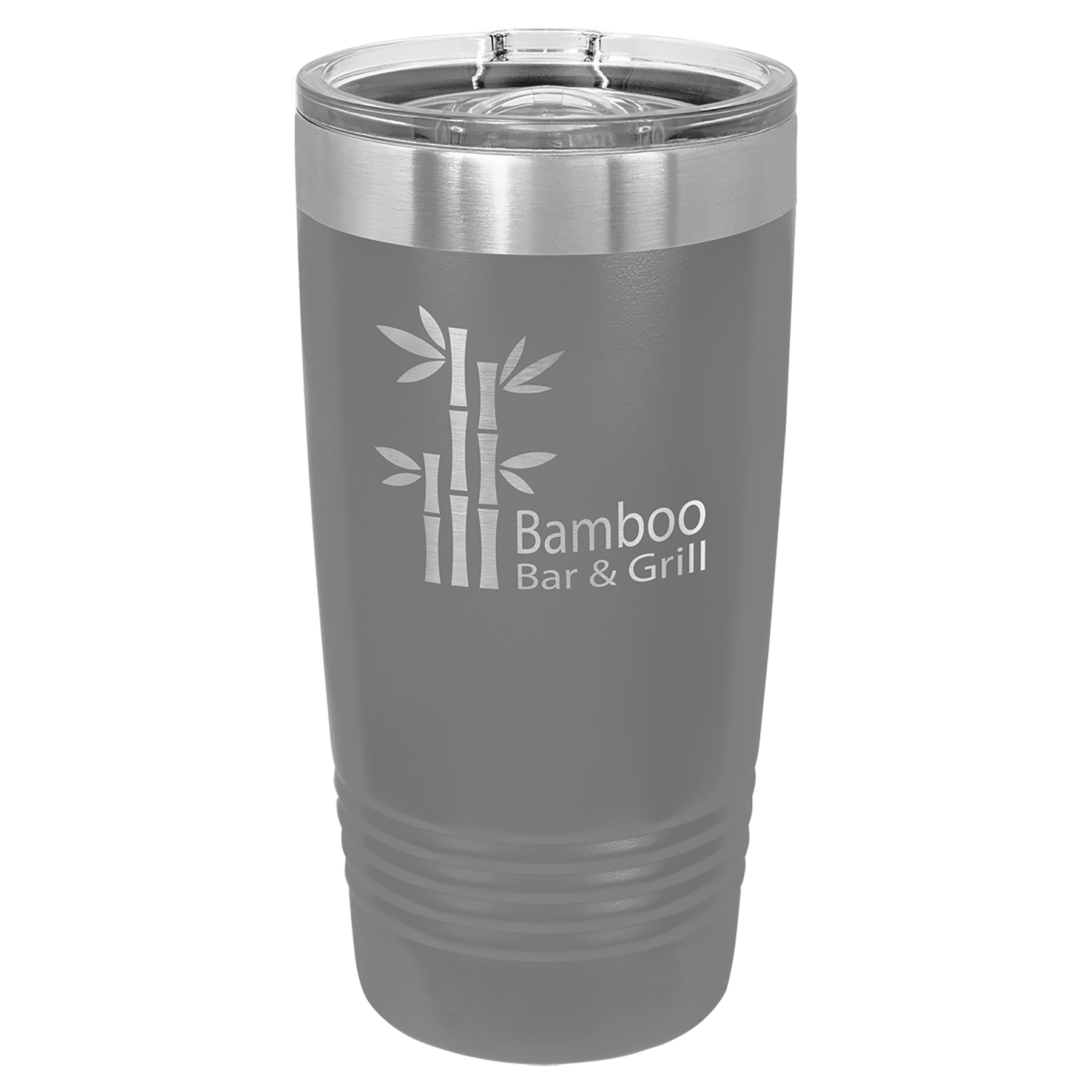 Dark gray powder-coated 20 oz. ringneck tumbler with a stainless steel band and clear slider lid, shown with a sample engraving