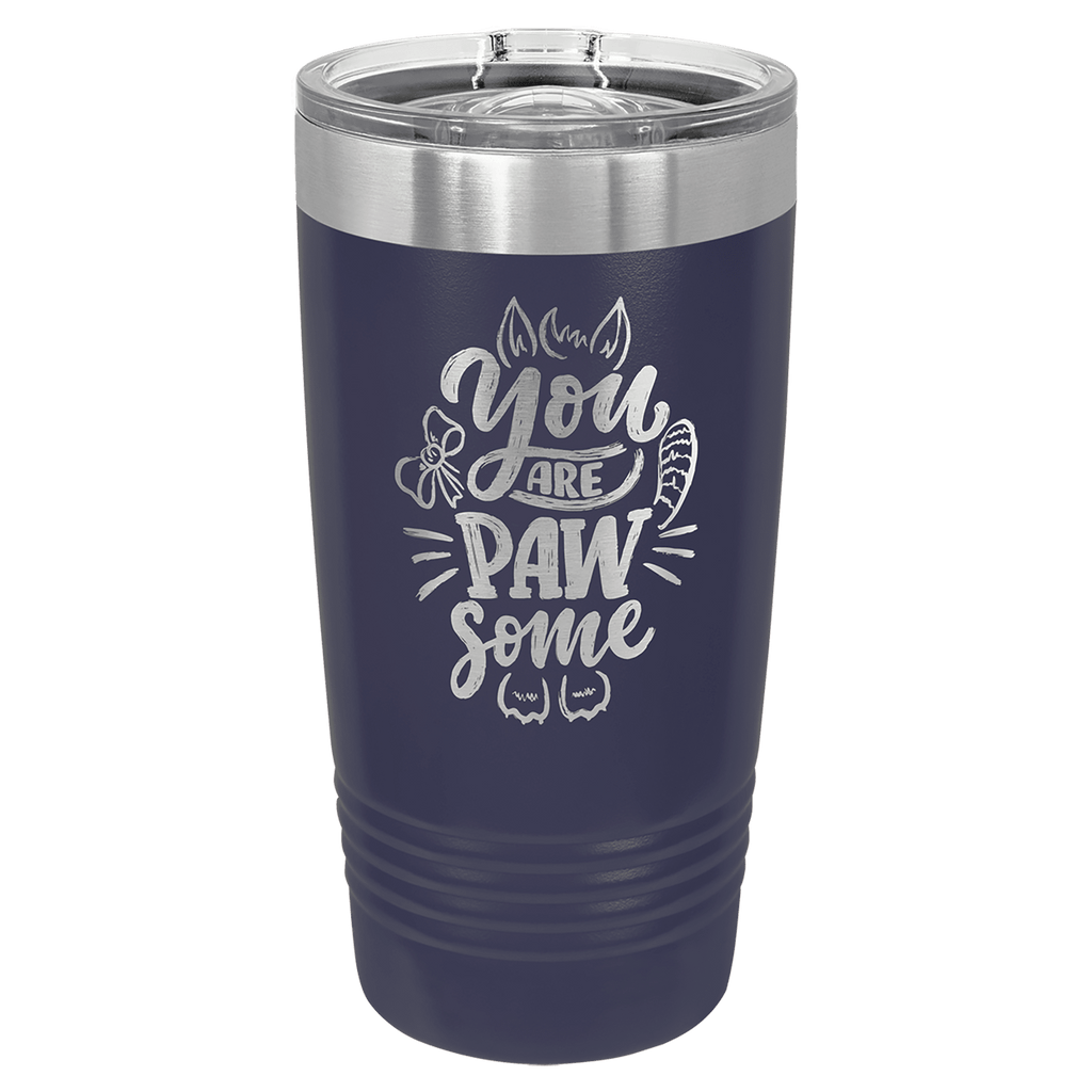 Navy blue powder-coated 20 oz. ringneck tumbler with a stainless steel band and clear slider lid, shown with a sample engraving