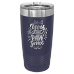 Navy blue powder-coated 20 oz. ringneck tumbler with a stainless steel band and clear slider lid, shown with a sample engraving