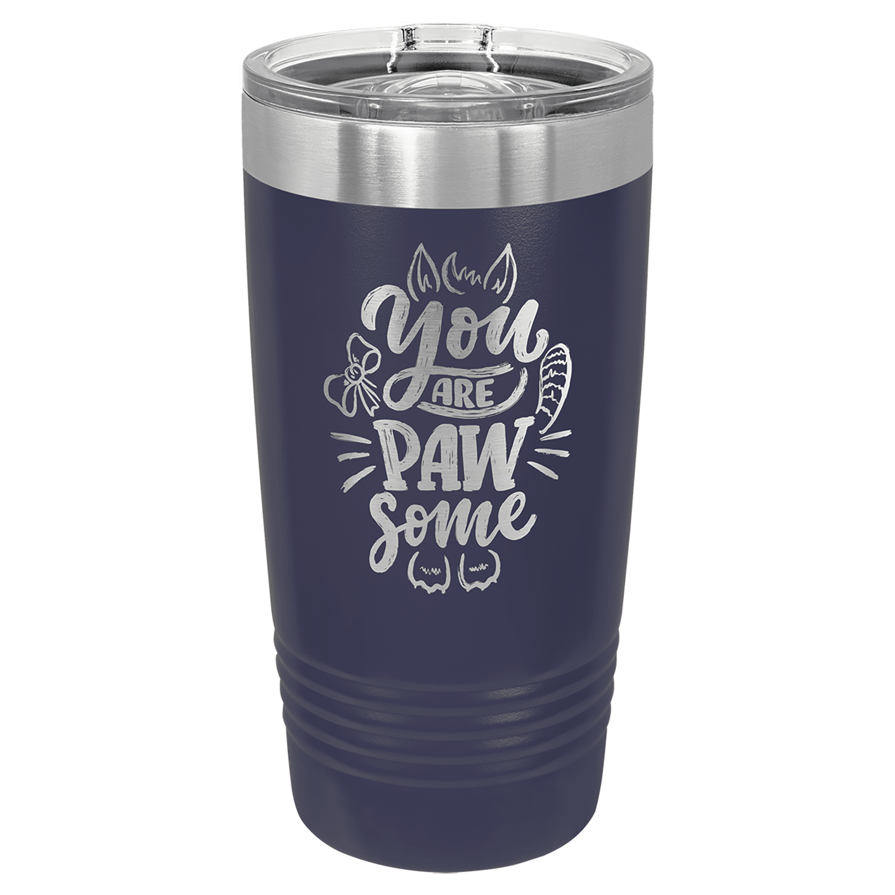 Navy blue powder-coated 20 oz. ringneck tumbler with a stainless steel band and clear slider lid, shown with a sample engraving