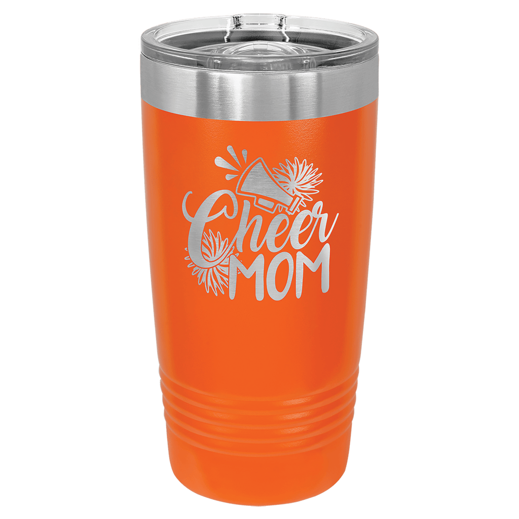 Orange powder-coated 20 oz. ringneck tumbler with a stainless steel band and clear slider lid, shown with a sample engraving
