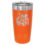 Orange powder-coated 20 oz. ringneck tumbler with a stainless steel band and clear slider lid, shown with a sample engraving
