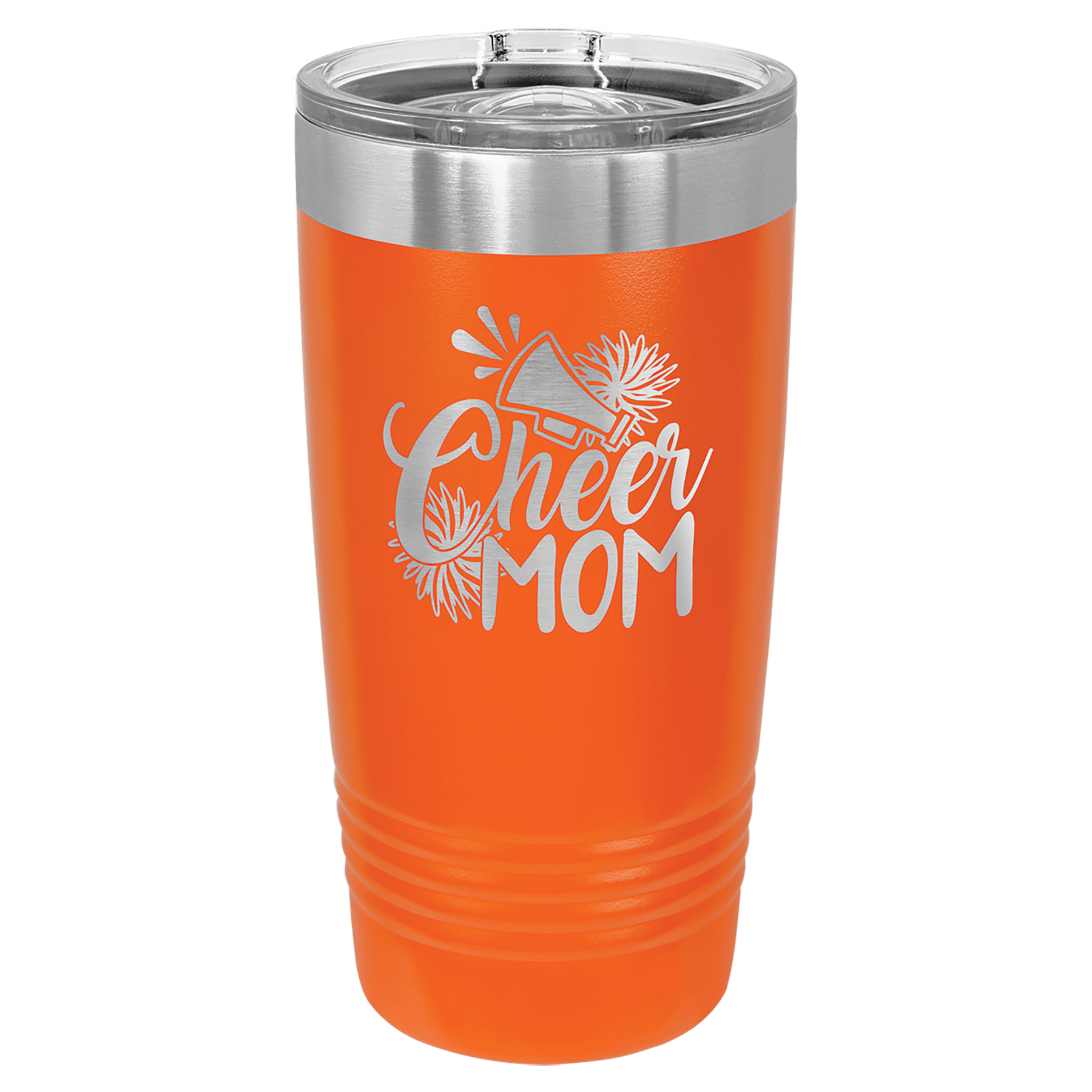 Orange powder-coated 20 oz. ringneck tumbler with a stainless steel band and clear slider lid, shown with a sample engraving