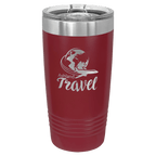 Maroon powder-coated 20 oz. ringneck tumbler with a stainless steel band and clear slider lid, shown with a sample engraving
