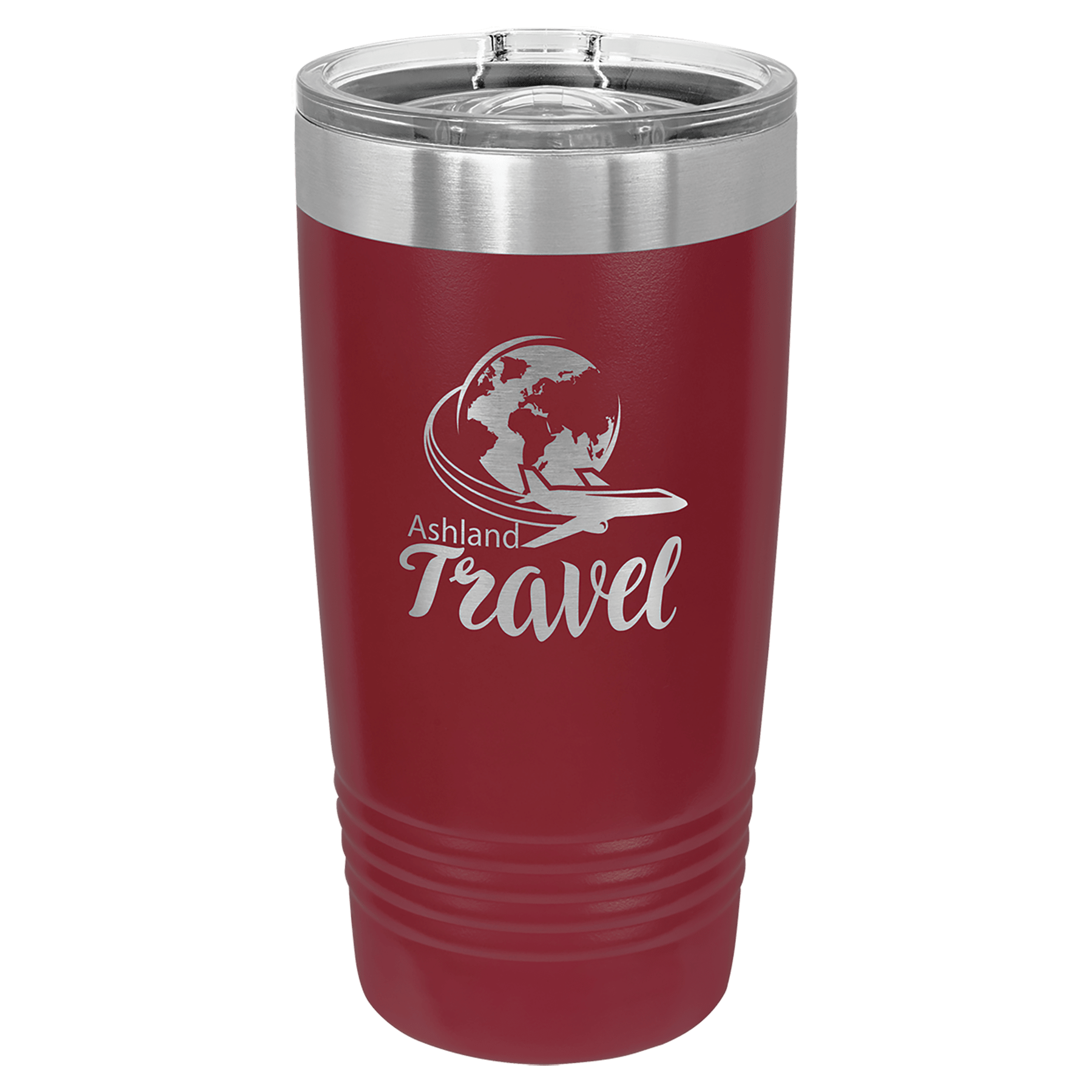 Maroon powder-coated 20 oz. ringneck tumbler with a stainless steel band and clear slider lid, shown with a sample engraving