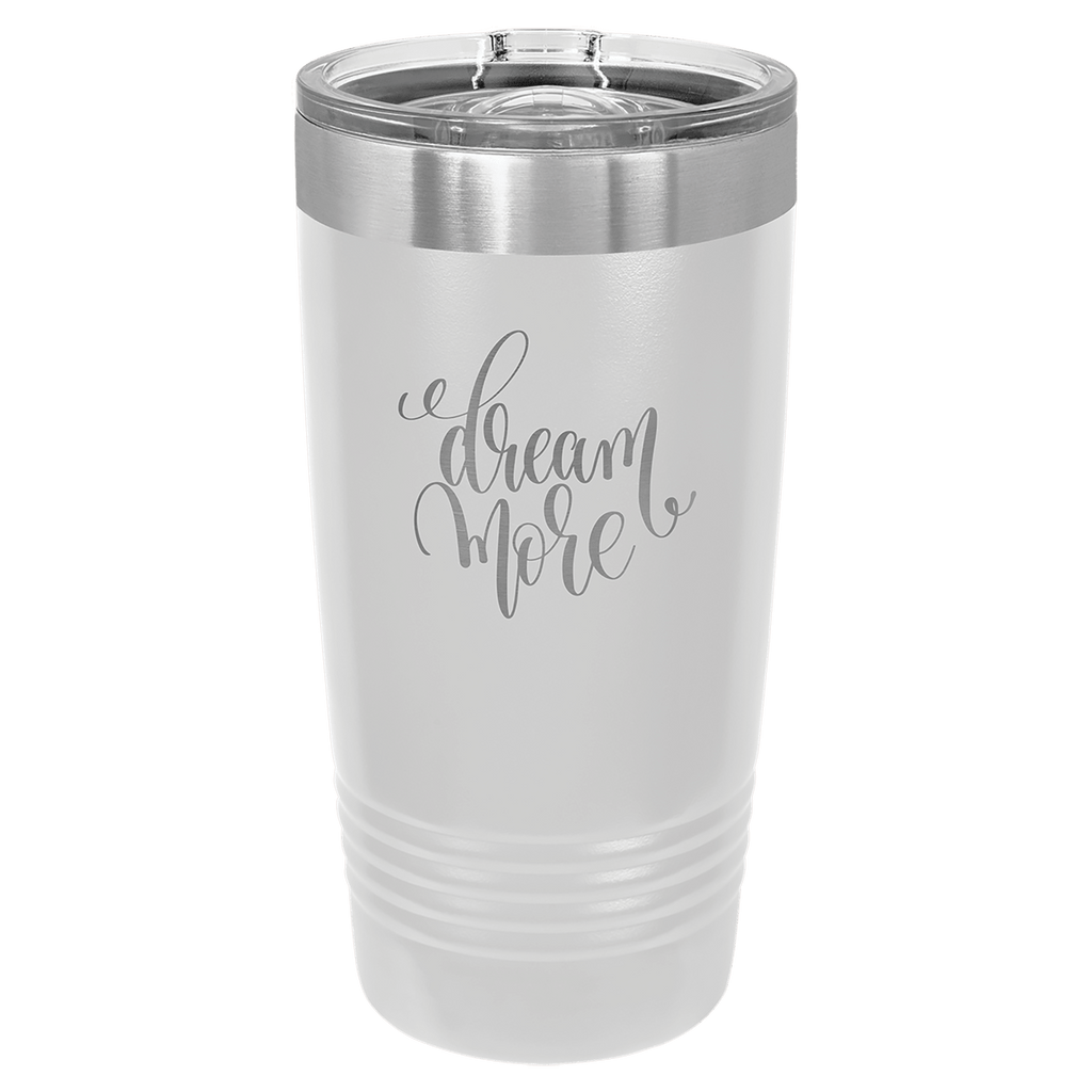 White powder-coated 20 oz. ringneck tumbler with a stainless steel band and clear slider lid, shown with a sample engraving