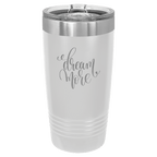 White powder-coated 20 oz. ringneck tumbler with a stainless steel band and clear slider lid, shown with a sample engraving
