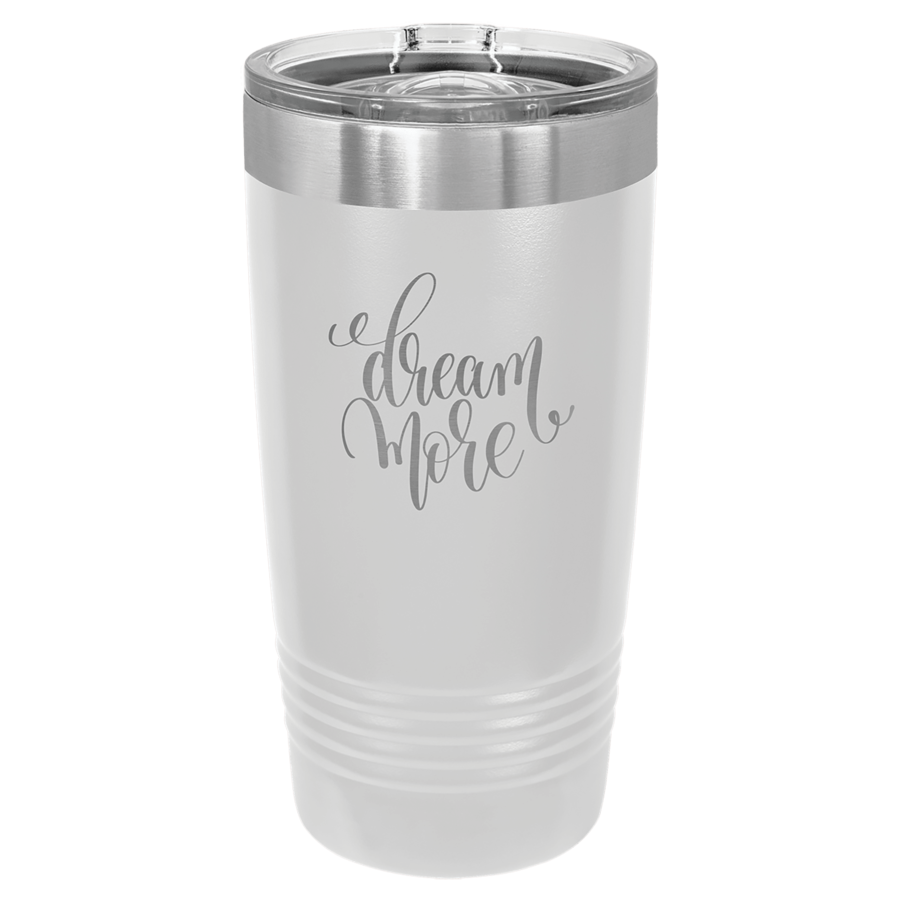 White powder-coated 20 oz. ringneck tumbler with a stainless steel band and clear slider lid, shown with a sample engraving