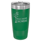 Green powder-coated 20 oz. ringneck tumbler with a stainless steel band and clear slider lid, shown with a sample engraving