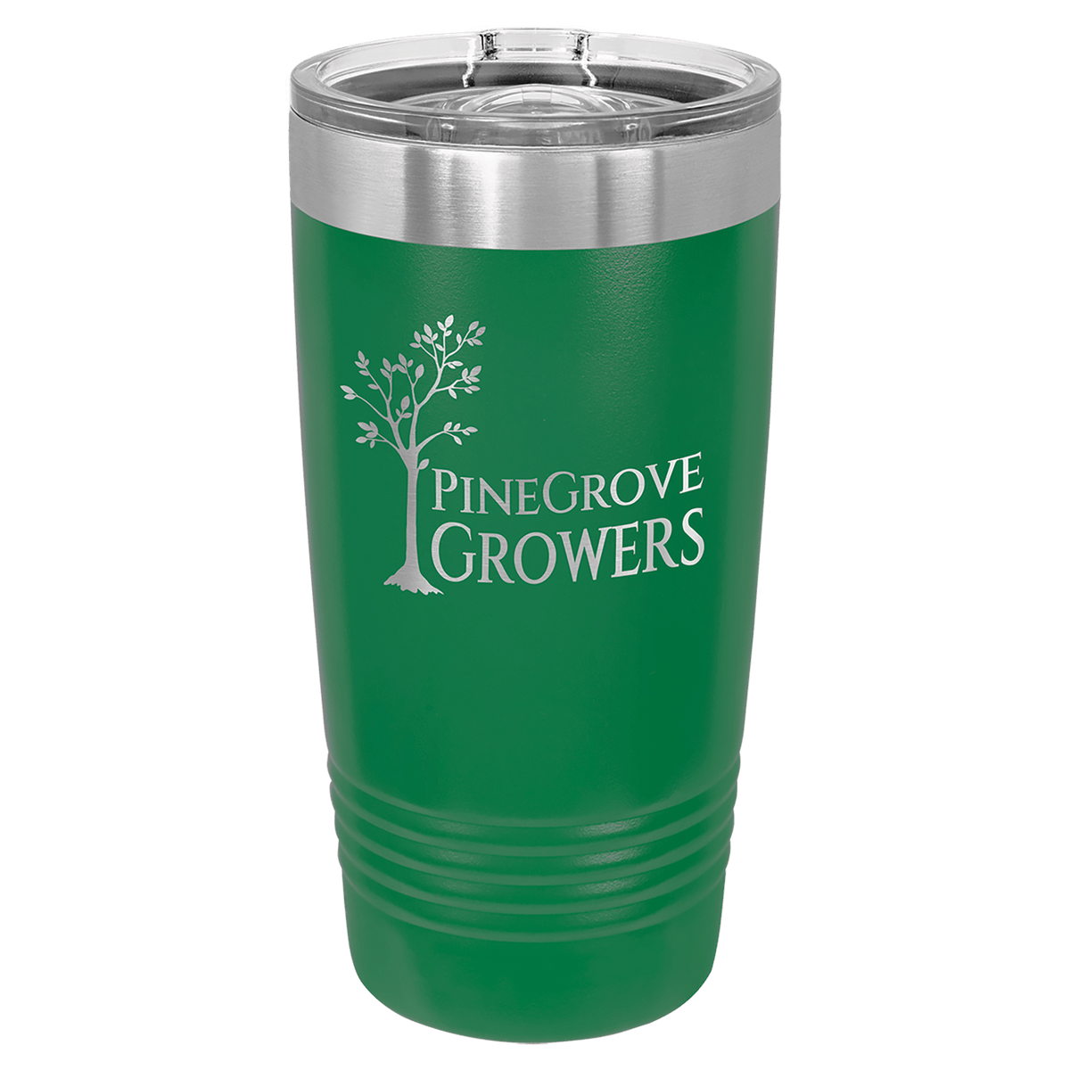 Green powder-coated 20 oz. ringneck tumbler with a stainless steel band and clear slider lid, shown with a sample engraving