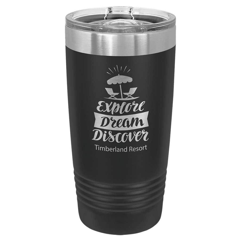 Black powder-coated 20 oz. ringneck tumbler with a stainless steel band and clear slider lid, shown with a sample engraving