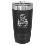 Black powder-coated 20 oz. ringneck tumbler with a stainless steel band and clear slider lid, shown with a sample engraving